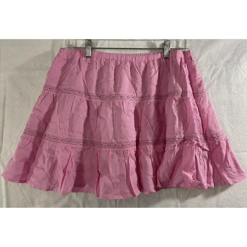 Tsher Skirt Womens Large Pink‎ Tiered Peasant Short Rayon Lace Ruffle Hem Boho